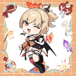 Rule 34 | 1girl, alternate costume, black footwear, black gloves, black wings, blonde hair, blush, boots, breasts, character name, chibi, choker, commentary, english commentary, fang, finger gun, fingerless gloves, fishnets, full body, genshin impact, gloves, hair ornament, hairclip, heart, highres, kekek, knee pads, looking at viewer, medium breasts, one eye closed, open mouth, orange eyes, single glove, single knee pad, single thighhigh, solo, thighhighs, wings, yoimiya (genshin impact)