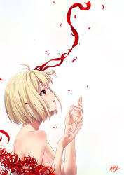 Rule 34 | 1girl, absurdres, ahoge, blonde hair, bob cut, breasts, falling petals, flower, from side, hair ribbon, hands up, highres, kounohikari0104, looking up, lycoris recoil, medium breasts, nishikigi chisato, nude, one side up, parted lips, petals, profile, red eyes, red flower, red ribbon, ribbon, short hair, shoulder blush, signature, simple background, spider lily, white background