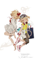 Rule 34 | 2girls, alternate costume, ankle ribbon, aqua nails, back-to-back, badge, barefoot, baseball cap, button badge, contemporary, dress, dual persona, english text, closed eyes, flandre scarlet, full body, hair ribbon, hat, headphones, headphones around neck, jewelry, laevatein, leg ribbon, long sleeves, looking at viewer, multiple girls, nail polish, no headwear, no headwear, pants, rainbow, rei (sanbonzakura), ribbon, scrunchie, shirt, shoes, short hair, short sleeves, side ponytail, simple background, smile, sneakers, standing, standing on one leg, text focus, tiptoes, touhou, tube, vest, white background, wings, wrist scrunchie