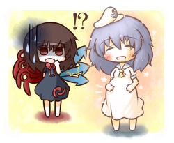Rule 34 | !?, 2girls, :d, ^^^, ^ ^, anchor, arm behind back, asymmetrical wings, bad id, bad pixiv id, barefoot, black hair, blue hair, blush, brown hair, chibi, closed eyes, dress, closed eyes, female focus, gloom (expression), hand to own mouth, hands on stomach, happy, houjuu nue, multiple girls, murasa minamitsu, open mouth, pregnant, red eyes, shaded face, short sleeves, smile, south114, sparkle, standing, sweat, sweatdrop, touhou, wings