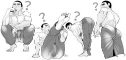 Rule 34 | 1boy, ?, abs, artist name, back muscles, bara, barefoot, closed mouth, cropped legs, elbow rest, facial hair, feet, foot focus, foreshortening, full body, goatee stubble, golden kamuy, greyscale, head rest, highres, leaning forward, legs up, looking at viewer, looking back, male focus, monochrome, multiple views, muscular, muscular male, nipples, pants, pectorals, short hair, signature, sitting, soles, squatting, standing, stubble, toes, topless male, tsukishima hajime, tsuruko turuta, very short hair, white background