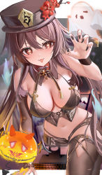 Rule 34 | 1girl, absurdres, alternate breast size, alternate costume, arm warmers, bare shoulders, black hat, black nails, black shirt, black shorts, black thighhighs, boo tao (genshin impact), breasts, brown hair, claw pose, cleavage, congqian you ke xing, crop top, detached collar, fangs, flower, genshin impact, ghost, halloween, halterneck, hand up, hat, hat flower, highres, hu tao (genshin impact), large breasts, long hair, looking at viewer, micro shorts, midriff, nail polish, navel, no bra, open fly, panty straps, red eyes, revealing clothes, shirt, shorts, single arm warmer, sleeveless, sleeveless shirt, solo, spaghetti strap, star-shaped pupils, star (symbol), stomach, symbol-shaped pupils, thighhighs, thighs, tongue, tongue out, twintails, v-shaped eyebrows, very long hair