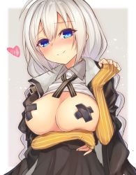 Rule 34 | 1girl, arm support, blue eyes, blush, braid, breast rest, breasts, cleavage, clothes lift, covered erect nipples, cross pasties, fingerless gloves, gloves, hetaren (ramark), highres, jacket, kizuna akari, large breasts, long hair, no bra, open clothes, open jacket, pasties, shirt lift, silver hair, smile, solo, striped clothes, striped gloves, tape, tape on nipples, twin braids, twintails, very long hair, vocaloid, voiceroid, yellow gloves