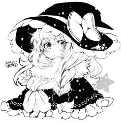 Rule 34 | 1girl, :o, blush, bow, braid, dated, greyscale, hair bow, hat, iroyopon, kirisame marisa, long hair, long sleeves, looking at viewer, monochrome, open mouth, signature, solo, touhou, witch hat