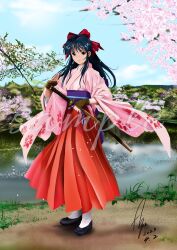 Rule 34 | 1girl, blue hair, blue sash, bow, brown gloves, cherry blossoms, dated, expressionless, fingerless gloves, full body, gloves, hair bow, highres, holding, holding sword, holding weapon, japanese clothes, kazuki (aquariumseen), kimono, long hair, looking at viewer, obi, original, outdoors, pink kimono, red bow, sample watermark, sash, scenery, signature, solo, standing, sword, tree, water, watermark, weapon, wide sleeves