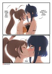 Rule 34 | 2girls, 2koma, ahoge, anyacchi, artist name, black bra, black scrunchie, blue eyes, blue hair, blush, bra, breast press, breasts, brown eyes, brown hair, closed eyes, comic, commentary, english commentary, english text, eye contact, face-to-face, from side, half-closed eyes, height difference, highres, hololive, hololive english, kiss, large breasts, long hair, looking at another, multiple girls, nanashi mumei, open mouth, orange bra, ouro kronii, patreon username, ponytail, scrunchie, short hair, simple background, symmetrical docking, underwear, virtual youtuber, white background, yuri