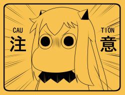 Rule 34 | 10s, caution, collar, commentary, emphasis lines, english text, frown, horns, kantai collection, limited palette, long hair, monochrome, moomin, moomintroll, muppo, northern ocean princess, orange background, sazanami konami, sign, warning sign