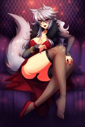 Rule 34 | 1girl, animal ears, bracelet, breasts, choker, cleavage, coat, couch, crescentia fortuna, deathblight, dress, feet, ferania (deathblight), fingernails, fur, high heels, jewelry, large breasts, lips, lipstick, long fingernails, long hair, makeup, nail polish, panties, red eyes, see-through, shoes, sitting, smile, tail, thighhighs, underwear, upskirt, white hair, wolf girl