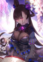 Rule 34 | 1girl, black dress, blush, breasts, brown hair, cone hair bun, curly hair, double bun, dress, fate/grand order, fate (series), fingerless gloves, frills, gloves, glowing, glowing eyes, hair between eyes, hair bun, hair ornament, highres, holding, holding umbrella, large breasts, long hair, long sleeves, looking at viewer, murasaki shikibu (fate), navy (navy.blue), parted lips, puffy sleeves, purple eyes, sitting, sleeves past wrists, solo, sunlight, two side up, umbrella, very long hair