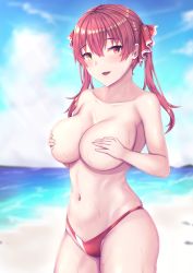 Rule 34 | 1girl, beach, bikini, blue sky, blush, breasts, cleavage, cloud, commentary, covering privates, covering breasts, covering nipples, heterochromia, hololive, houshou marine, large breasts, long hair, looking at viewer, ohguro mariya, open mouth, red bikini, red eyes, red hair, sand, sky, swimsuit, topless, twintails, virtual youtuber, water, yellow eyes
