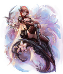 Rule 34 | 1girl, armor, breasts, brown hair, chocofing r, cleavage, closed mouth, flower, full body, hair ornament, high heels, hugging own legs, long sleeves, nail polish, original, own hands clasped, own hands together, red nails, red thighhighs, short hair, sitting, smile, solo, thighhighs