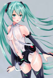 Rule 34 | 1girl, aqua eyes, aqua hair, bad id, bad pixiv id, bare shoulders, black gloves, bridal gauntlets, clothing cutout, commentary, cowboy shot, elbow gloves, gloves, grey background, hair ornament, hatsune miku, hatsune miku (append), highres, long hair, looking at viewer, navel, sagasosei, see-through, shirt, solo, stomach cutout, thighhighs, twintails, very long hair, vocaloid, vocaloid append, white shirt
