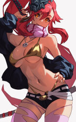 Rule 34 | 1girl, arm up, belt, bikini, bikini under shorts, breasts, closed mouth, contrapposto, cowboy shot, gold bikini, hand on own hip, high ponytail, highres, jewelry, katana, large breasts, long hair, mask, mask on head, micro shorts, navel, necklace, orange eyes, pink scarf, pink thighhighs, red hair, scabbard, scarf, sheath, shorts, skull necklace, smile, solo, stomach, swimsuit, sword, tengen toppa gurren lagann, thighhighs, torn clothes, torn thighhighs, ura dora, very long hair, weapon, weapon on back, white belt, yoko littner