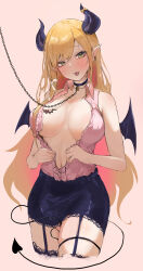 Rule 34 | 1girl, absurdres, bat tattoo, black choker, black garter straps, black horns, black skirt, black thighhighs, blonde hair, blue eyes, breast tattoo, breasts, breasts apart, center frills, center opening, chain, chain leash, choker, commentary request, cropped legs, demon girl, demon horns, demon tail, demon wings, frilled shirt, frills, garter straps, highres, hololive, horn ornament, horn ring, horns, large breasts, leash, long hair, looking at viewer, menomeno draw, navel, open mouth, pencil skirt, pink background, pink shirt, pointy ears, shirt, shirt tucked in, single sidelock, skirt, sleeveless, sleeveless shirt, solo, tail, tattoo, thighhighs, tongue, tongue out, virtual youtuber, wings, yuzuki choco, yuzuki choco (1st costume)