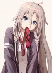 Rule 34 | 1girl, absurdres, ahoge, alternate costume, argyle clothes, argyle necktie, black jacket, blazer, blue eyes, braid, commentary request, dress shirt, grey hair, hair over shoulder, haiyuki yuki, head tilt, highres, ia (vocaloid), jacket, light blush, long bangs, long hair, looking at viewer, mouth hold, multicolored eyes, necktie, necktie in mouth, open clothes, open jacket, popped collar, purple eyes, raised eyebrows, red necktie, shirt, simple background, solo, twin braids, upper body, v arms, vocaloid, white background, white shirt