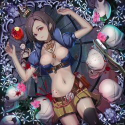 Rule 34 | 1girl, apple, arm up, axe, belt, belt buckle, black thighhighs, blood, blood splatter, blue jacket, breasts, brown belt, brown hair, brown skirt, buckle, closed mouth, collarbone, commentary request, cropped jacket, crown, dark-skinned female, dark skin, flower, food, frilled skirt, frills, fruit, hand up, heterochromia, jacket, kuzumochi (kuzumochiya), looking at viewer, lying, medium breasts, mini crown, navel, on back, open clothes, open jacket, parted bangs, pink flower, pleated skirt, puffy short sleeves, puffy sleeves, purple eyes, red apple, red eyes, short hair, short sleeves, signature, skirt, skull, snow white, snow white (grimm), solo, thighhighs
