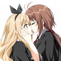 Rule 34 | 2girls, antenna hair, asagi nanami, black capelet, black ribbon, blonde hair, blush, breast press, breasts, brown eyes, brown hair, capelet, close-up, closed eyes, commentary request, eyebrows hidden by hair, eyelashes, french kiss, from side, hair between eyes, hair ribbon, hand on another&#039;s cheek, hand on another&#039;s face, highres, kiss, large breasts, long hair, looking at another, low ponytail, multiple girls, necktie, parted lips, profile, red necktie, ribbon, school uniform, sidelocks, simple background, surprised, tsui no sora (remake), wakatsuki kotomi, white background, wide-eyed, yokoyama yasuko, yuri