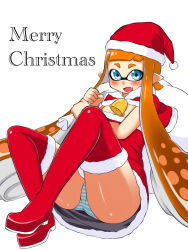 Rule 34 | 1girl, bell, blue eyes, blue panties, blunt bangs, blush, boots, capelet, christmas, commentary, dress, english text, fang, floating, fur-trimmed capelet, fur-trimmed dress, fur trim, hat, highres, holding, holding sack, inkling, inkling girl, inkling player character, long hair, looking at viewer, merry christmas, neck bell, nintendo, open mouth, orange hair, over shoulder, panties, pantyshot, penguin maru (penginmaru), pointy ears, red capelet, red dress, red footwear, sack, santa boots, santa dress, santa hat, short dress, simple background, smile, solo, splatoon (series), strapless, strapless dress, striped clothes, striped panties, thigh boots, underwear, very long hair, white background