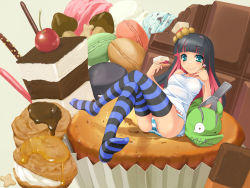 Rule 34 | 10s, 1girl, alternate hair color, black hair, blue eyes, breasts, cake, candy, checkerboard cookie, cherry, chocolate, chocolate bar, chuck (psg), colored inner hair, cookie, covered erect nipples, cream puff, crossed legs, dessert, food, fruit, hat, highres, ice cream, in food, jewelry, kinoko no yama, long hair, macaron, macaroon, mini hat, mini person, mini top hat, minigirl, multicolored hair, multiple girls, no bra, panties, panty &amp; stocking with garterbelt, panty (psg), pastry, pink hair, pocky, ring, see-through, sitting, solo, stocking (psg), striped clothes, striped thighhighs, sweets, syrup, thighhighs, top hat, two-tone hair, underwear, wapokichi