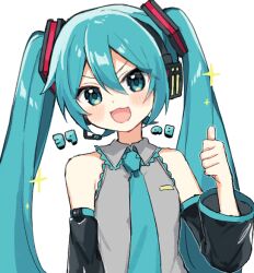 Rule 34 | 1girl, 39, :d, akikan sabago, bare shoulders, black sleeves, blue eyes, blue hair, blue necktie, blush, collared shirt, detached sleeves, dot nose, frilled shirt, frills, grey shirt, hair between eyes, hand up, hatsune miku, head tilt, headset, long sleeves, looking at viewer, microphone, miku day, necktie, open mouth, shirt, simple background, sleeveless, sleeveless shirt, smile, solo, sparkle, thumbs up, twintails, v-shaped eyebrows, vocaloid, white background