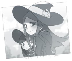 Rule 34 | 2girls, greyscale, hat, hizuki akira, little witch academia, monochrome, multiple girls, smile, witch, witch hat