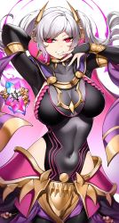 Rule 34 | 1girl, absurdres, arm behind head, arm up, armlet, armor, aura, bracelet, breasts, casul, cleavage, corruption, dark aura, dark persona, eyes of grima, faulds, fire emblem, fire emblem awakening, fire emblem heroes, grima (fire emblem), hair ornament, highres, intelligent systems, jewelry, large breasts, long hair, long sleeves, looking at viewer, neck ring, nintendo, possessed, possession, red eyes, robin (female) (fire emblem), robin (fire emblem), see-through, see-through cleavage, smile, solo, twintails, white hair