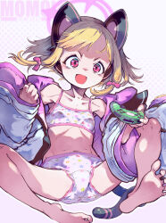 Rule 34 | 1girl, :d, absurdres, animal ear headphones, animal ears, bare legs, barefoot, blonde hair, blue archive, blush, bow, bra, breasts, cat ear headphones, cat ears, controller, fake animal ears, floral print, hair bow, halo, headphones, highres, holding, holding controller, jacket, long sleeves, low-tied sidelocks, momoi (blue archive), navel, open clothes, open mouth, panties, pantyshot, pink halo, pink panties, short hair, simple background, sitting, small breasts, smile, soles, solo, stomach, suzuki kyoutarou, tail, underwear, wide sleeves
