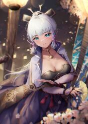 Rule 34 | 1girl, armor, ayaka (genshin impact), blue eyes, blunt bangs, blurry, blurry background, blurry foreground, breasts, bridal gauntlets, cherry blossoms, cleavage, collar, cowboy, depth of field, flower, genshin impact, hair ornament, hair ribbon, hand fan, holding, holding fan, japanese clothes, kagi (dicedkey), lantern, large breasts, long hair, looking at viewer, mole, mole under eye, petals, ponytail, ribbon, sidelocks, smile, solo, tress ribbon, western