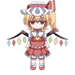 Rule 34 | 1girl, ascot, bat wings, blonde hair, chibi, crystal, flandre scarlet, full body, hat, hat ribbon, hexi, highres, mob cap, multicolored wings, one side up, pixel art, puffy short sleeves, puffy sleeves, red eyes, red skirt, red vest, ribbon, short sleeves, side ponytail, skirt, skirt set, solo, touhou, vest, white background, white hat, wings, yellow ascot