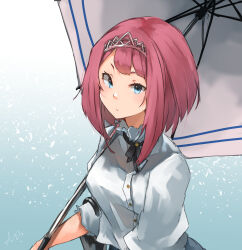 Rule 34 | 1girl, alternate costume, ark royal (kancolle), blue eyes, bob cut, breasts, closed umbrella, highres, holding, holding umbrella, kantai collection, looking at viewer, medium breasts, red hair, short hair, signature, simple background, solo, sunday aki, tiara, umbrella, upper body
