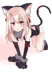 Rule 34 | 1girl, absurdres, all fours, animal ears, animal hands, ass, bare shoulders, bell, black gloves, black leotard, black thighhighs, blush, breasts, cat ears, cat tail, elbow gloves, eyelashes, fate/kaleid liner prisma illya, fate (series), fur collar, gloves, hair between eyes, hair ribbon, highres, hip focus, illyasviel von einzbern, jingle bell, leotard, long hair, looking at viewer, natsu (sinker8c), official alternate costume, open mouth, paw gloves, paw shoes, red eyes, red ribbon, ribbon, shoes, simple background, small breasts, solo, tail, thighhighs, thighs, white background, white hair