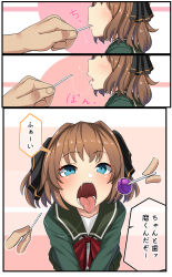 Rule 34 | 1girl, 3koma, black ribbon, blue eyes, brown hair, candy, comic, commentary request, food, green jacket, green skirt, hachijou (kancolle), hair ribbon, highres, holding, holding food, jacket, kantai collection, konoshige (ryuun), lollipop, long sleeves, pleated skirt, ribbon, short hair, skirt, speech bubble, translated
