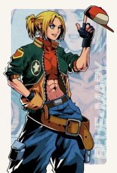 Rule 34 | 1girl, baggy pants, belt, blonde hair, blue eyes, blue mary, cargo pants, casual, crop top, hand in pocket, hat, holding, holding clothes, holding hat, jacket, loose belt, midriff, navel, one eye closed, pants, ponytail, simple background, smile, the king of fighters, zehb br