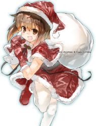 Rule 34 | 1girl, :d, ankle boots, bad id, bad pixiv id, bag, blush, bob cut, bobblehat, boots, brown eyes, brown hair, capelet, carrying, carrying over shoulder, christmas, corset, cusui, dress, english text, fur trim, gloves, hagiwara yukiho, happy, happy birthday, hat, highres, holly, idolmaster, idolmaster (classic), leaning forward, leg up, looking at viewer, merry christmas, mistletoe, open mouth, outline, over shoulder, pantyhose, pom pom (clothes), red footwear, red gloves, ribbon, sack, santa costume, santa hat, short hair, shoulder carry, simple background, sketch, smile, solo, white background, white pantyhose