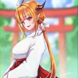 Rule 34 | 1girl, alternate costume, artist name, blonde hair, blunt bangs, blurry, breasts, depth of field, dragon girl, dragon horns, eyebrows, fang, from side, hair behind ear, hololive, horns, japanese clothes, kiryu coco, kyou fumei, large breasts, long hair, miko, multicolored hair, open mouth, orange hair, pointy ears, purple eyes, skin fang, smile, solo, streaked hair, virtual youtuber