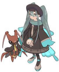 Rule 34 | 1girl, black hat, black pantyhose, blue eyes, blue hair, blue wings, brown dress, brown necktie, bug miku (project voltage), closed mouth, commentary request, creatures (company), dress, eyeshadow, fake wings, full body, game freak, gen 4 pokemon, grey eyeshadow, hair between eyes, hair through headwear, hat, hatsune miku, highres, kricketune, long hair, long sleeves, looking at viewer, makeup, necktie, nintendo, own hands together, pantyhose, pokemon, pokemon (creature), project voltage, shoes, simple background, solo, sora (bpbp9646), standing, twintails, very long hair, vocaloid, white background, wings