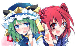 Rule 34 | 2girls, :d, asymmetrical hair, blue eyes, blue kimono, blue vest, blush, commentary request, gold trim, green hair, hair bobbles, hair ornament, hat, hat ribbon, ichimura kanata, japanese clothes, jewelry, kimono, long sleeves, looking at viewer, multiple girls, onozuka komachi, open mouth, puffy short sleeves, puffy sleeves, red eyes, red hair, ribbon, ring, shiki eiki, shirt, short sleeves, smile, sweatdrop, touhou, two side up, upper body, vest, wedding band, white shirt, wife and wife