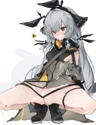 Rule 34 | 1girl, absurdres, arknights, arms behind back, black footwear, black ribbon, black shirt, blush, boots, breasts, closed mouth, coat, commentary, dripping, embarrassed, full body, grey coat, hair between eyes, hair ribbon, hairband, highres, leaning back, long hair, medium breasts, mikozin, no panties, pussy juice, pussy juice drip, red eyes, ribbon, see-through, see-through skirt, shirt, sideboob, sidelocks, silver hair, simple background, skirt, sleeveless, sleeveless shirt, solo, spread legs, squatting, strap, sweat, sweatdrop, thigh strap, thighs, tiptoes, waistcoat, weedy (arknights), white background