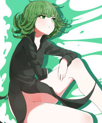 Rule 34 | 1girl, bare legs, bare shoulders, black dress, blush, breasts, closed mouth, commentary request, curly hair, dress, green eyes, green hair, hand on own knee, looking up, no panties, one-punch man, sente, sitting, small breasts, solo, tatsumaki, upper body