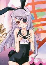 Rule 34 | 10s, 1girl, absurdres, animal ears, breast hold, breasts, eyepatch, fake animal ears, frown, grey hair, highres, infinite stratos, laura bodewig, one-piece swimsuit, playboy bunny swimsuit, purple eyes, rabbit ears, rabbit tail, scan, school swimsuit, small breasts, swimsuit, tail, yamaki suzu