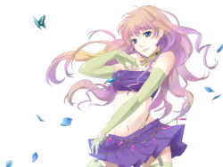 Rule 34 | 00s, 1girl, bandeau, bare shoulders, blue eyes, blush, breasts, cowboy shot, earrings, elbow gloves, floating hair, garter straps, gloves, gradient hair, green gloves, green thighhighs, isumimax, jewelry, long hair, looking at viewer, macross, macross frontier, midriff, miniskirt, multicolored hair, navel, necklace, orange hair, pendant, petals, pink hair, pleated skirt, purple hair, sheryl nome, simple background, skirt, smile, solo, spread legs, taut clothes, thighhighs, underboob, very long hair, wavy hair, white background, zettai ryouiki