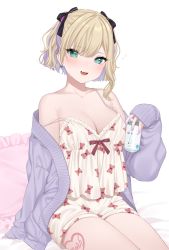 Rule 34 | 1girl, animal print, aqua eyes, arm support, bare shoulders, bear print, black ribbon, blonde hair, blush, cameltoe, camisole, can, cardigan, fang, frilled camisole, frills, hair between eyes, hair ribbon, heart, heart tattoo, highres, holding, holding can, kurumi noah, leg tattoo, looking at viewer, nail polish, off shoulder, on bed, open cardigan, open clothes, open mouth, pillow, pomelunch, purple sweater, ribbon, short hair, shorts, sitting, sleeves past wrists, smile, solo, spaghetti strap, strap slip, sweat, sweatdrop, sweater, tattoo, thighs, virtual youtuber, vspo!