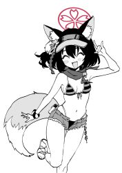 Rule 34 | 1girl, animal ear fluff, animal ears, bikini, blue archive, blush, breasts, closed eyes, fang, fox ears, fox shadow puppet, fox tail, greyscale, halo, izuna (blue archive), izuna (swimsuit) (blue archive), monochrome, official alternate costume, open fly, open mouth, red halo, sandals, shigatsu shizuki, short hair, short shorts, shorts, simple background, skin fang, small breasts, smile, solo, striped bikini, striped clothes, swimsuit, tail, visor cap, white background
