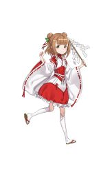 Rule 34 | 1girl, beatrice (princess principal), brown eyes, brown hair, choker, clenched hand, double bun, full body, hair bun, highres, japanese clothes, looking at viewer, miko, official art, princess principal, princess principal game of mission, red choker, sandals, shide, short hair, smile, solo, standing, standing on one leg, thighhighs, transparent background, white thighhighs, wide sleeves, zouri