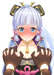 Rule 34 | 1boy, 1girl, aether (genshin impact), armor, ayaka (genshin impact), blue eyes, blush, genshin impact, hair ornament, highres, hime cut, holding hands, mole, ponytail, smile, toy bits, white hair