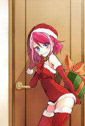 Rule 34 | 1girl, bare shoulders, blue eyes, box, covered navel, dress, elbow gloves, finger to mouth, fur trim, gift, gift box, gloves, hat, hiiragi yuzu, microdress, multicolored hair, pink hair, santa costume, santa hat, short twintails, solo, tere, thighhighs, twintails, two-tone hair, yu-gi-oh!, yu-gi-oh! arc-v, zettai ryouiki