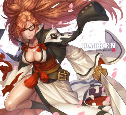 Rule 34 | 1girl, baiken, box (hotpppink), breasts, cherry blossoms, cleavage, clenched teeth, eyepatch, facial tattoo, guilty gear, guilty gear xrd, japanese clothes, long hair, looking at viewer, petals, ponytail, red eyes, red hair, scar, scar across eye, scar on face, solo, sword, tattoo, teeth, torn clothes, torn sleeves, weapon, wide sleeves
