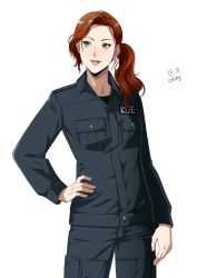 Rule 34 | 1girl, autumn-sacura, cargo pants, collarbone, cowboy shot, green eyes, hand on own hip, jacket, looking away, makeup, original, pants, red hair, side ponytail, signature, smile, solo, white background