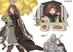 Rule 34 | 1girl, 1other, 2023, absurdres, ambiguous gender, armor, black cape, bloody wolf (elden ring), blush, book, bouquet, brown hair, candle, cape, closed eyes, commentary request, dated, dress, eating, elden ring, erdtree (elden ring), facial tattoo, flower, food, full armor, grey dress, helmet, highres, holding, holding book, holding bouquet, holding food, hood, hood down, hooded cape, hwww=3, long sleeves, melina (elden ring), one eye closed, petals, sleeping, sleeping on person, sunflower, tarnished (elden ring), tattoo, translation request, wavy hair, yellow eyes, yellow flower, zzz