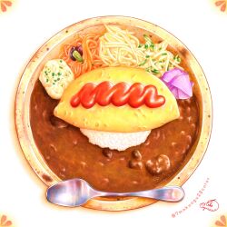 Rule 34 | 7makoogu28color, artist name, color ink (medium), curry, curry rice, food, highres, ketchup, no humans, noodles, omelet, omurice, onion, original, painting (medium), plate, rice, simple background, spoon, traditional media, watercolor (medium), white background